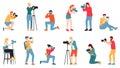 Photographer characters. Paparazzi, cameraman creative people take photo shot, reporters and journalists characters