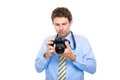 Photographer checks photos on his dslr camera