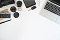 Photographer desk with top view workspace