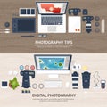 Photographer equipment on a table. Photography tools, photo editing, photoshooting flat background. Digital photocamera