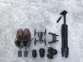 Photographer equipment in a top view with concrete background