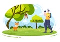 Photographer Flat Design with Professional Camera to Photo Monkey and Deer View in the Forest. Cartoon Style Vector Illustration
