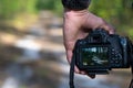 Photographer in the forest. Camera in hand. Selective focus. Photo of the forest on the display of the camera Royalty Free Stock Photo