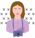 Photographer girl with brown hair and blue eyes looks forward. A camera is hanging on her neck. A vector woman is wearing a purple