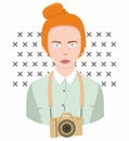 Photographer girl with red hair and blue eyes looks forward. A camera is hanging on her neck. A vector woman is wearing a green