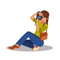 Photographer Girl Vector. Photographic Camera. Reporter, Journalist, Blogger, Paparazzi. Cartoon Character Illustration