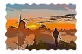 Sunrise hunter walking toward the sun illustration