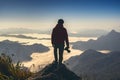 Photographer hand holding camera and standing on top of the rock in nature. Travel concept