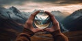 Photographer hand holds a protective filter from the lens, against the backdrop of a beautiful mountain landscape