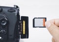 Photographer hand insert memory SD card to memory slot of the digital DSLR camera Royalty Free Stock Photo