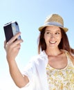 Photographer, happy woman or camera selfie in holiday location, summer vacation or Germany sightseeing break. Smile