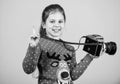 Photographer hold retro camera. Classes for kids. Learn to take photos with dslr camera. Photography courses. Education Royalty Free Stock Photo
