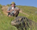 The photographer and Komodo Dragons Varanus komodoensis on island Rinca. Komodo dragon is the biggest living lizard in the worl