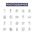 Photographer line vector icons and signs. shot, snap, capture, lens, lensman, photojournalist, photo, paparazzi outline