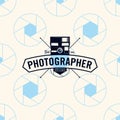 Photographer logo on seamless pattern camera shutter, vector illustration