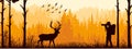 Photographer on meadow in forest take picture of deer. Silhouette of tree, man, animal. Wild nature landscape. Banner.