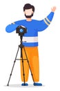 Photographer attract attention to take photo with camera at tripod, cartoon vector character