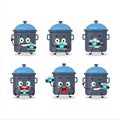 Photographer profession emoticon with blue kitchen pan cartoon character Royalty Free Stock Photo