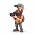 Photographer, reporter, photostocker, funny cute cartoon 3d illustration on white background