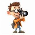 Photographer, reporter, photostocker, funny cute cartoon 3d illustration on white background,
