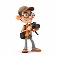 Photographer, reporter, photostocker, funny cute cartoon 3d illustration on white background