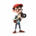 Photographer, reporter, photostocker, funny cute cartoon 3d illustration on white background,