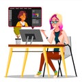 Photographer Retouching Photo Vector. Woman Working With Graphic Software. Freelance Concept. Isolated Illustration