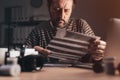 Photographer reviewing old analog camera 35 negative filmstrip at his workplace Royalty Free Stock Photo