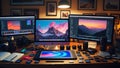 Photographer\'s Workspace with Multiple Monitors and Editing Tools Royalty Free Stock Photo