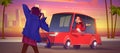 Photographer shoot woman sitting in red sedan car
