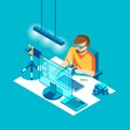 Photographer sitting and working. Character, camera, computer, table and various devices. Vector isometric illustration.