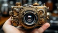 Photographer skillfully captures image with old fashioned camera and lens generated by AI