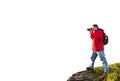 Photographer standing on the mountain isolated on white