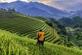 The photographer is standing to take pictures of the beautiful rice terraces in Mu cang chai , northern Vietnam