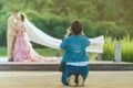 Photographer take pre-wedding photos of the bride and groom in t