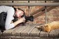 The photographer takes pictures of a ginger sleeping cat