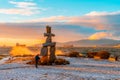 Vancouver BC Canada. February 2021. Inukshuk Vancouver in the winter with sunset light backgrounds