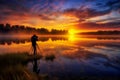 Photographer taking photo of beautiful sunrise on the lake. generative AI