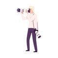 Photographer Taking Photo with Digital Camera, Male Paparazzi, Journalist or Television Correspondent Character Flat