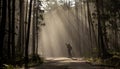 Photographer is taking photo while exploring in the pine forest for with strong ray of sun light inside the misty pine forest for Royalty Free Stock Photo