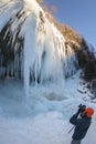 Photographer taking photos of frozen Pericnik waterfall