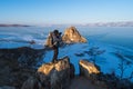 A Photographer taking picture of Baikal frozen lake in a morning, Olkhon island, Siberia, Russia Royalty Free Stock Photo