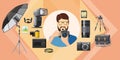 Photographer tool banner horizontal, cartoon style