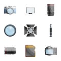 Photographer tools icon set, cartoon style