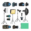 Photographer Tools Set Vector. Photography Objects. Photo Equipment Design Elements, Accessories. Modern Digital Cameras Royalty Free Stock Photo