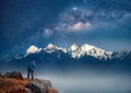 Photographer traveler take a picture of galaxy in mountains the Himalayas. Nepal