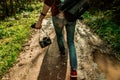 Photographer traveler walks down the autumn road Royalty Free Stock Photo