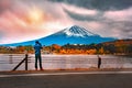 Photographer or Traveller using a professional DSLR camera take photo beautiful landscape of fuji lake at lake kawaguchi,