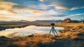 Photographer Tripod In Dry Desert With Water Reflection