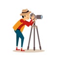 Photographer with Tripod in Flat Style. Vector